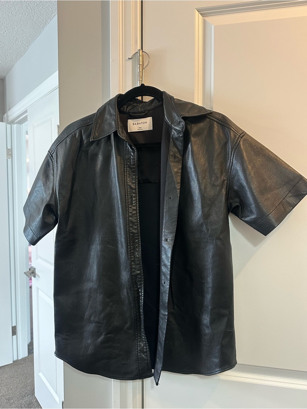 Babaton Black Short-Sleeve Leather Button-Front Shirt